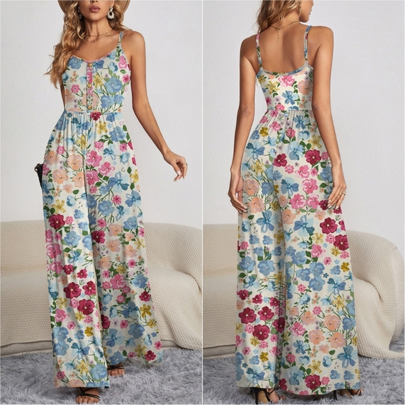 Buttoned Beauty Wide Leg Jumpsuit - Floral - Picture 1 of 6